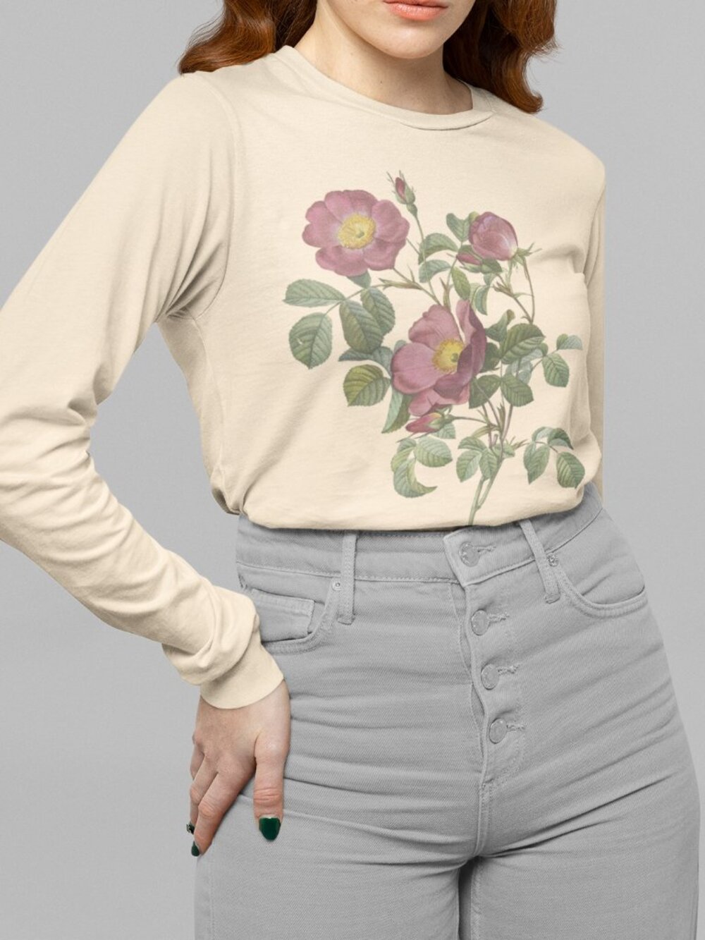 Rose Vintage Floral Print Long Sleeve Graphic Tee T-shirt S-XXL